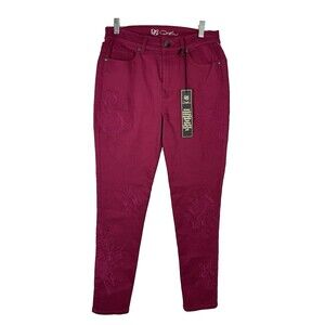 DG2 Diane Gilman Womens Skinny Ankle Jeans 4 Stretch Embroidered Floral Magenta